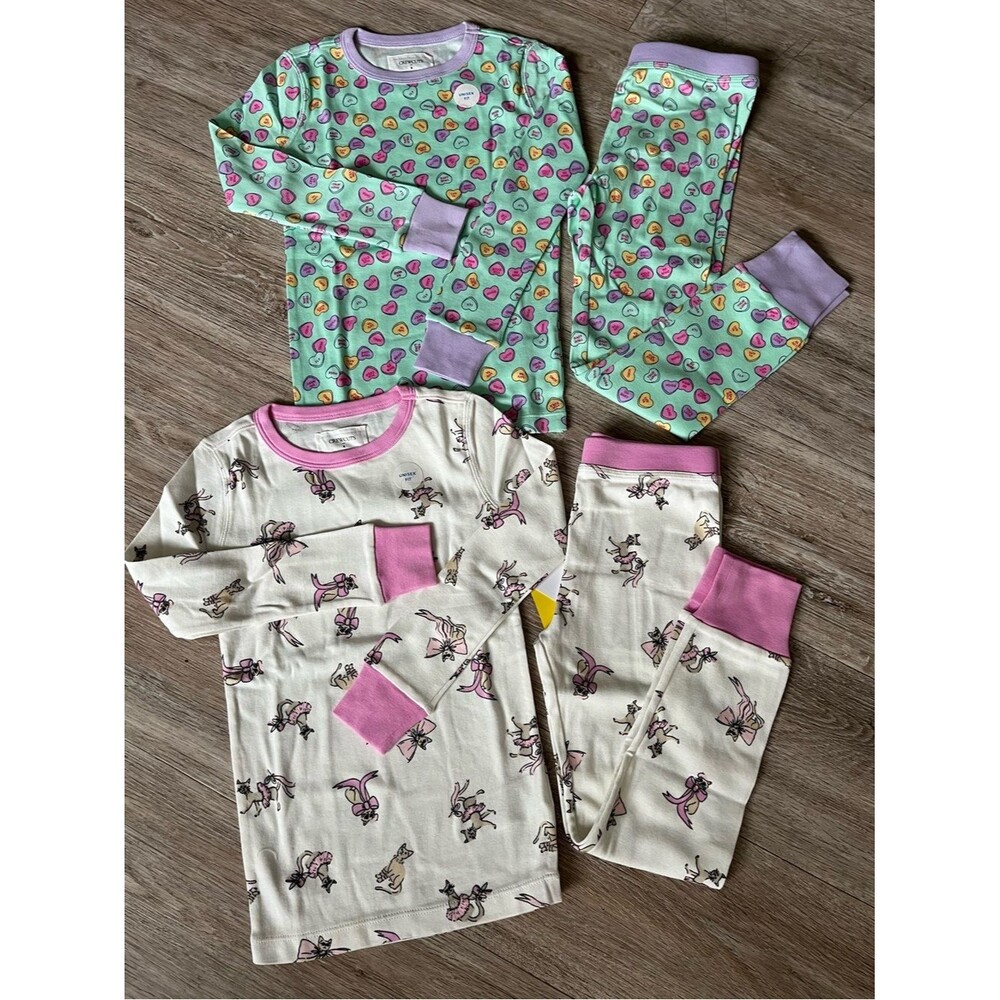 Crewcuts Girl's Bows Cats & Heart Allover Print Pajama Set 100% Cotton 2 Sets